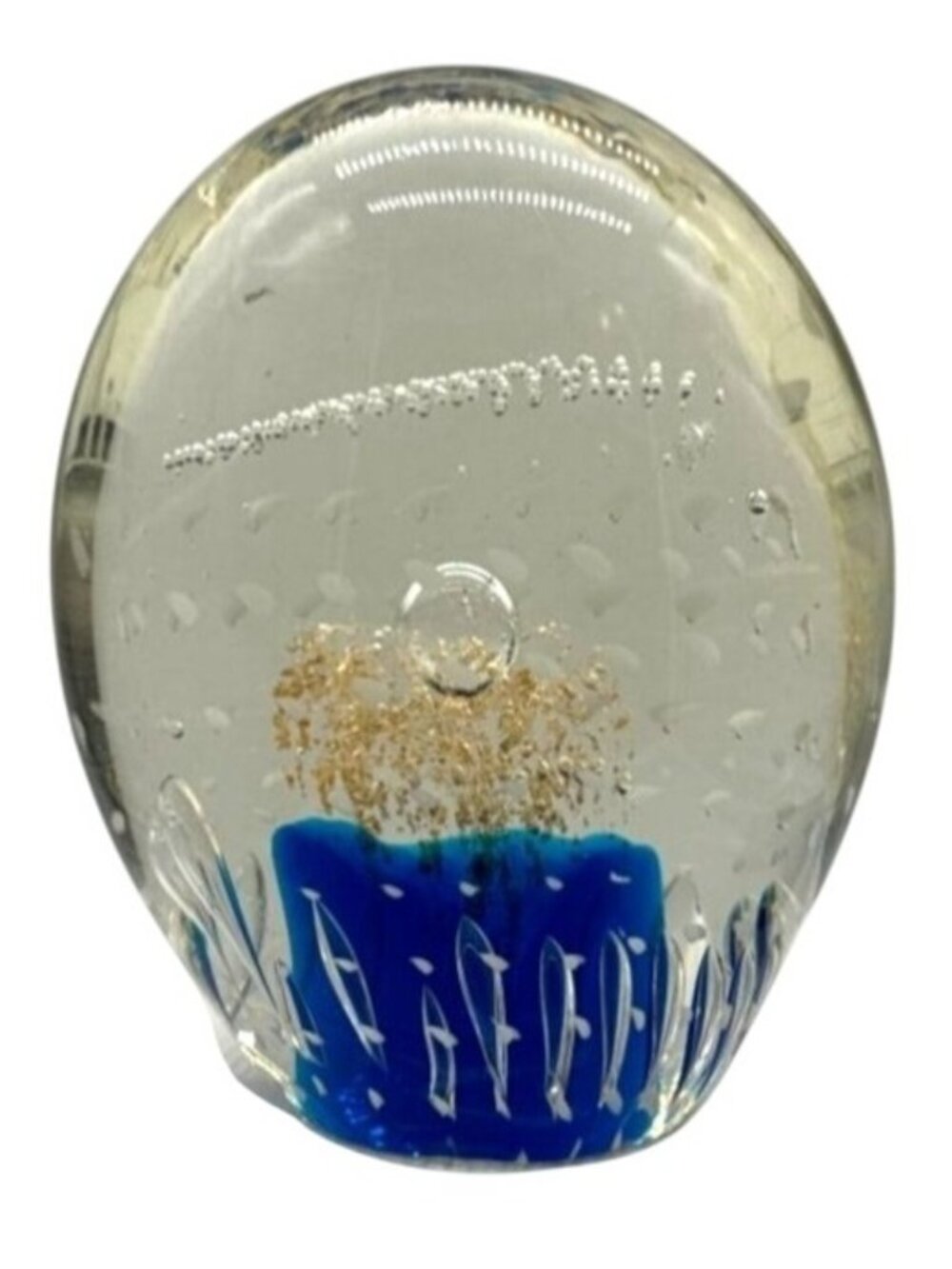 Handblown Oval Art Glass Paperweight Gold Flake & Blue Accents Polished Bottom